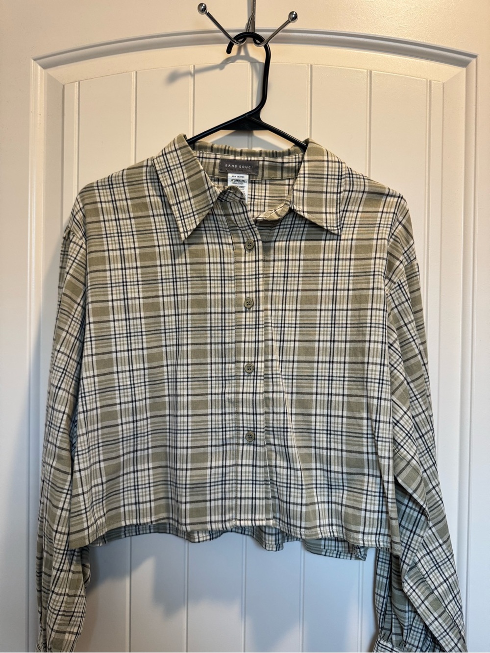 Sans Souci Olive and Cream Plaid Cropped Button-Front Shirt